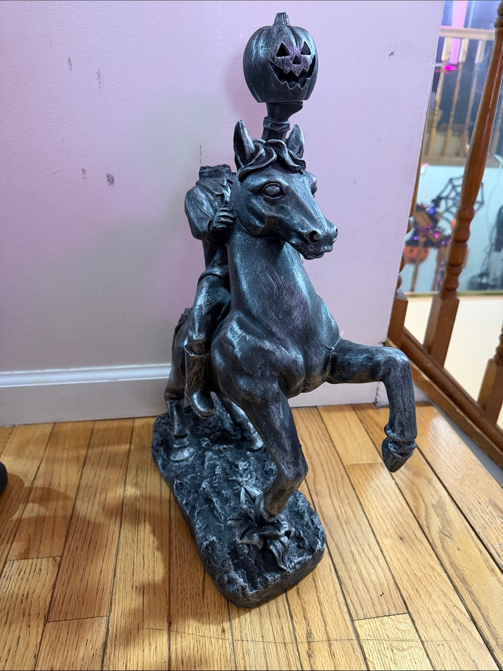 Vintage Headless Horseman Black Resin Halloween Statue with Pumpkin Lantern Head